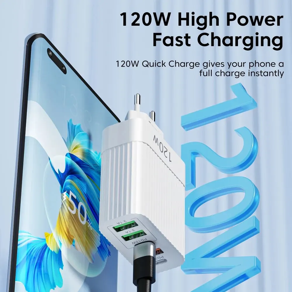 120W 5 Ports USB C Charger Fast Charging Phone Charger Power Adapter For iPhone Samsung Xiaomi Huawei Type C Quick Wall Charger