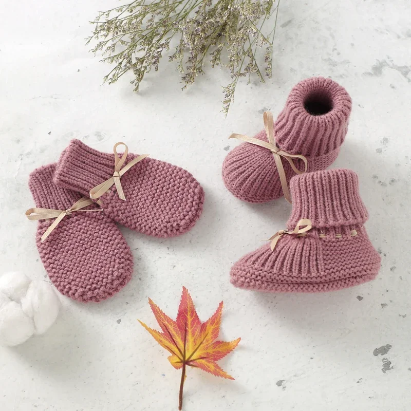 Baby Shoes Gloves Set Knit Newborn Boys Girls Boots Mitten Fashion Infant Slip-On Handmade Butterfly-knot Trendy Bed Shoes