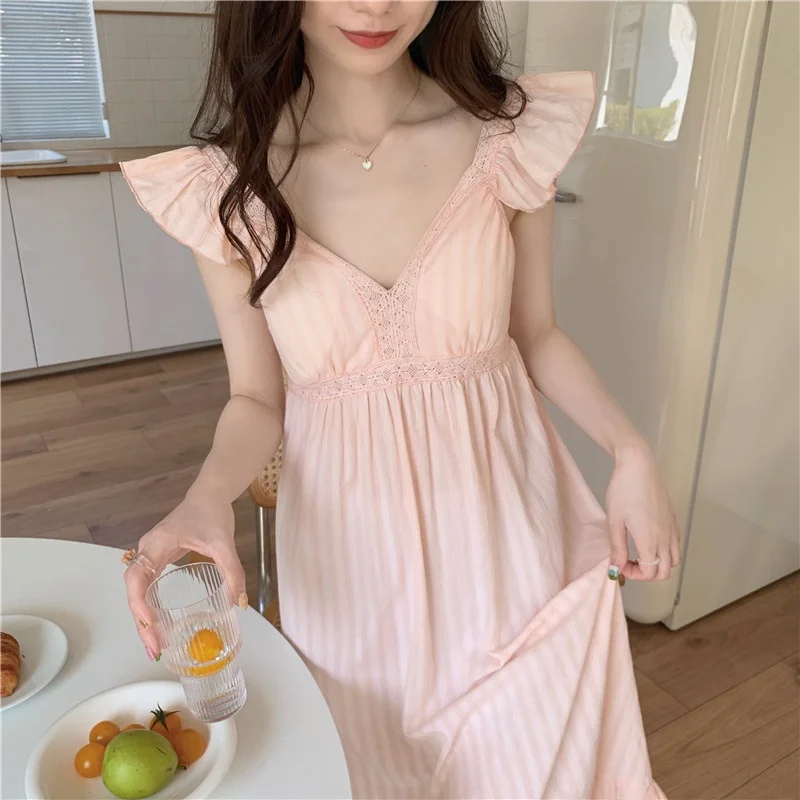 Summer  Korean Style Sweet Princess Lace Pure Cotton Sleep Dress Women's Nightgown with Chest Pad Home Clothes Dress