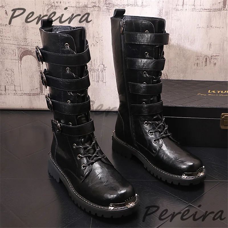 

Metal Decor Thick Soled Knight Boots Men's Retro Round Toe Belt Buckle Side Zipper Long Boots Trendy Versatile Male Casual Shoes