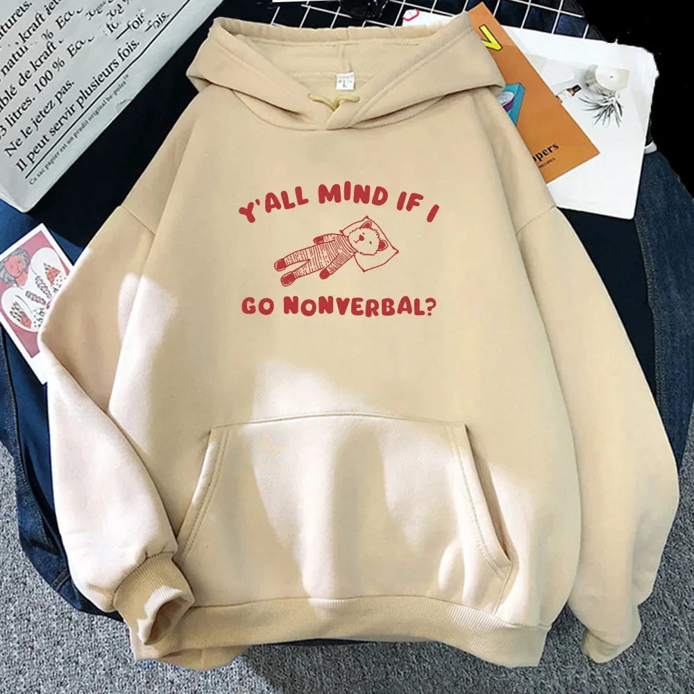 

Yall Mind If I Go Nonverbal Bear Hoodies Kawaii Cartoon Graphic Printing Sweatshirts Winter Long Sleeve Pocket Pullovers Cute