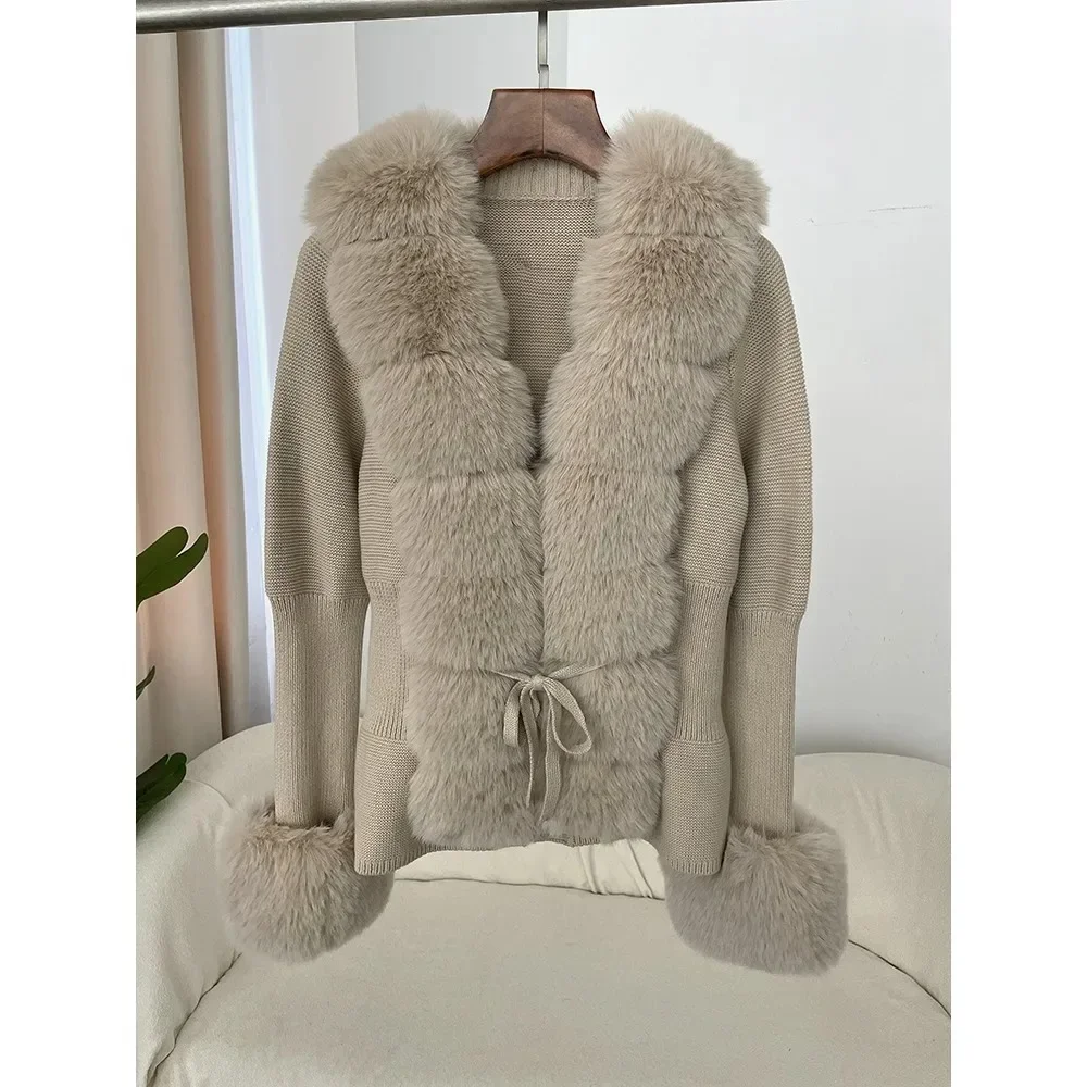 Autumn/Winter 2024 Women\'s Fur Coat Luxury Patchwork Knitted Sweater Bandage Fur Cardigan Detachable Collar Jacket Faux Fur Coat