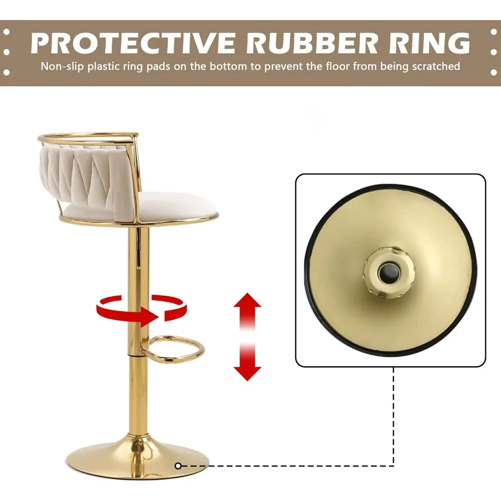 360 °   Ensemble de 4 tabourets de bar pivotants, chaise de bar moderne en velours à hauteur de comptoir réglable, tabouret en métal doré, îlot de cuisine confortable