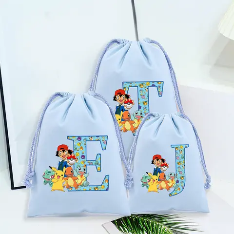 Pokemons Letter A-Z Drawstring Storage Bags Anime Pikachu Socks Storage Pouch Candy Cookie Packaging Boy Girl Party Gift Bag