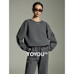 Toyouth Women Plush Sweatshirt 2023 Winter Long Sleeve Round Neck Loose Hoodies Letter Print Casual Simple Versatile Tops