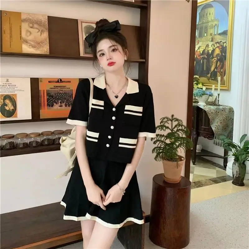 Large Size Summer New Small Fragrance Loose Short Sleeves Top+high Waist Pleated Half Skirt Slimming Two-piece Set for Women