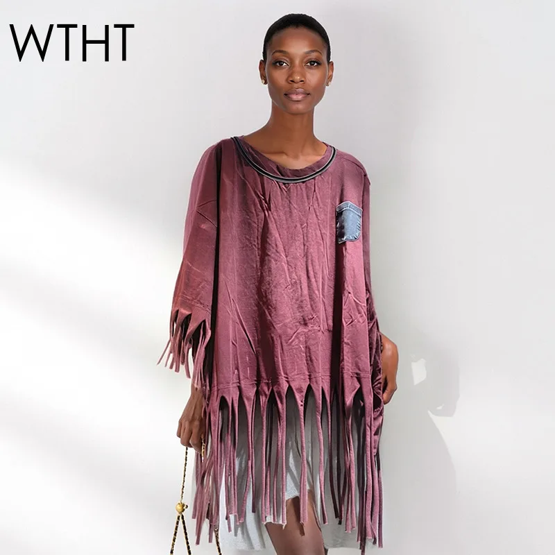 WTHT Trendy Women's Irregular Tassel Do Old Casual Loose T-shirt 2026 Spring Fashion New O-neck Long Sleeves Tops Female 1LS2956