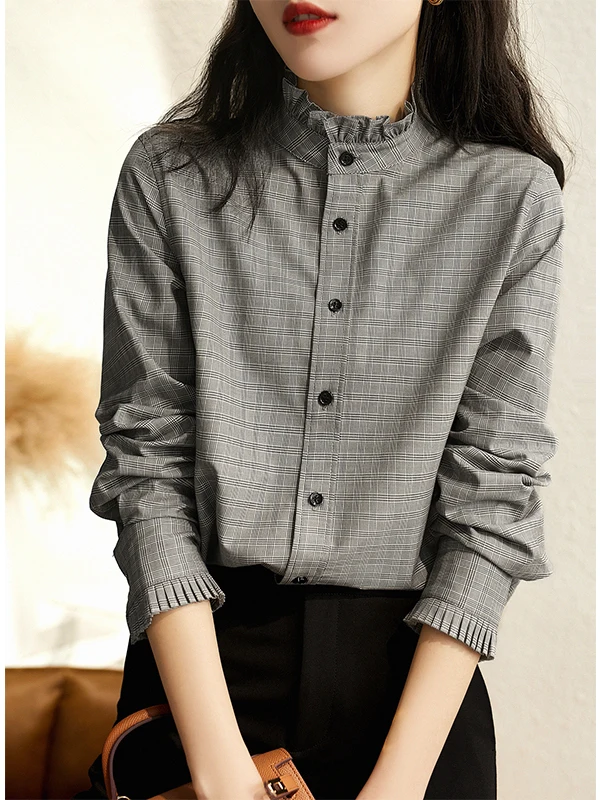 

Женская рубашка в клетку с длинным рукавом, весна-осень 2025, с воротником-стойкой, в стиле ретро, дизайн в гонконгском стиле, базовый топ для повседневной носки