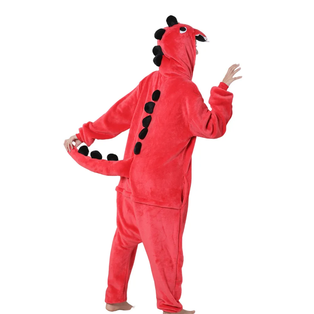 Red Tyrannosaurus Rex Dinosaur Kigurumi Animal Cosplay Costumes Adults Flannel Onesie One piece Pyjamas Halloween Carnival Party