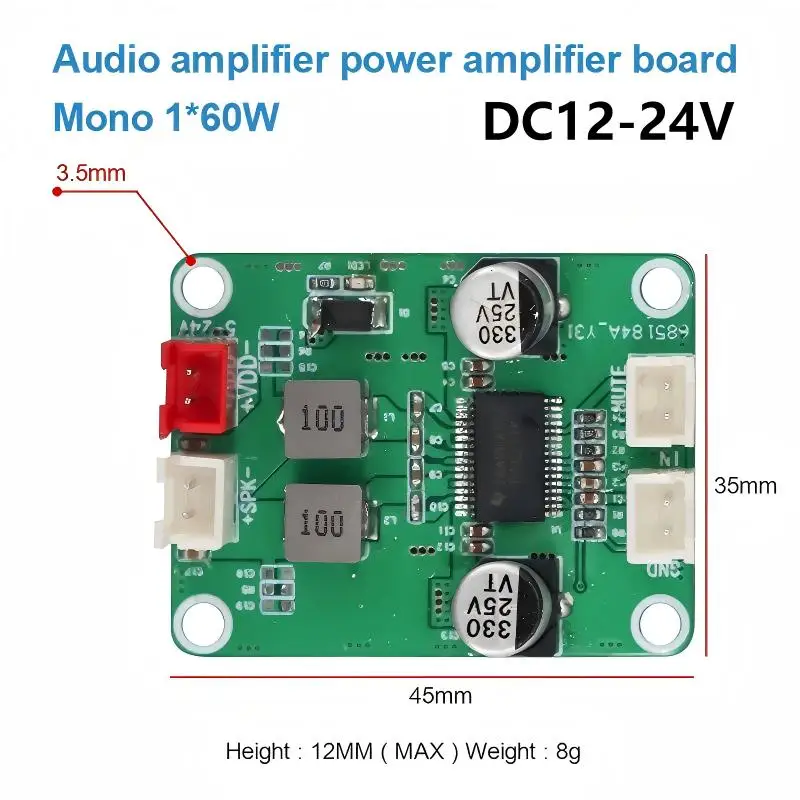 

1*60W Mono Digital Audio Amplifier Board With Original Chip TPA3118 Module 12-24 V Wide Voltage Suitable for 4R/30-80W Speakers