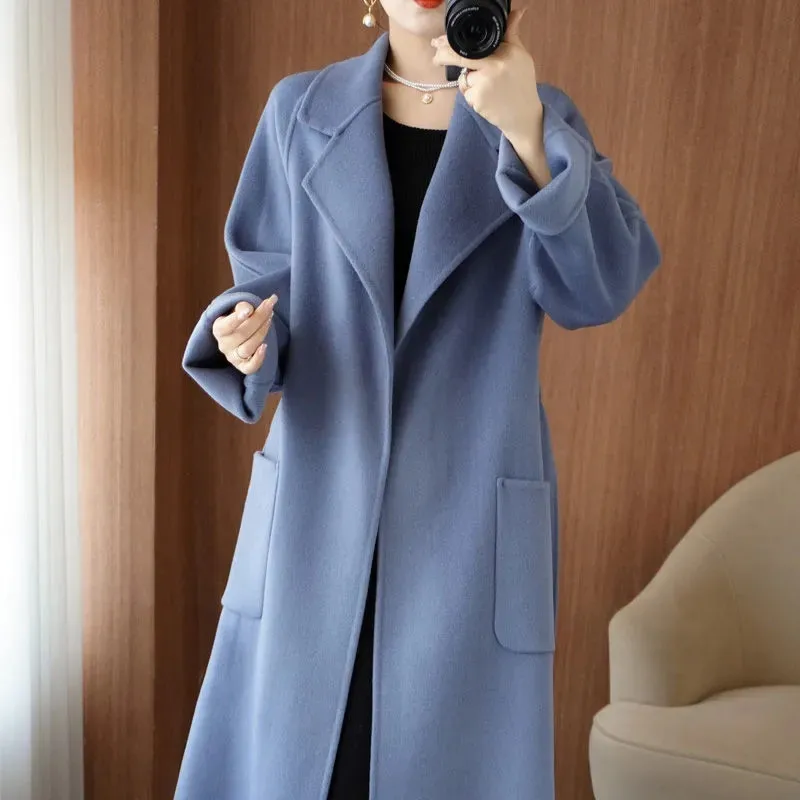 

Autumn Winter 100% Double-Sided Cashmere Woolen Coat Women Fashion Solid Color Mid-Length Loose Thick Lace Up Wool Jacket H3140