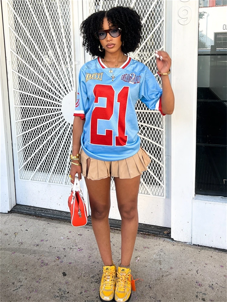 WLWXR Autumn Retro Street Jersey T-Shirt Women 2024 Letter V-Neck Half Sleeve Loose Baseball Uniform Y2K Hip-Hop Sports Tees