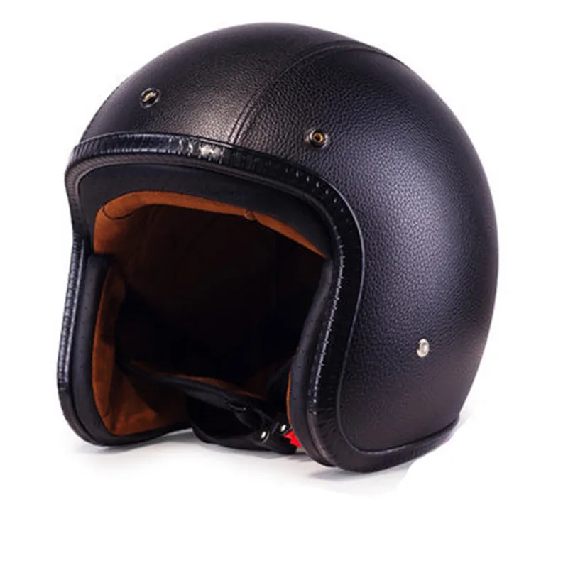 Black Pu Leather Vintage Cafe Racer Shine Helmet Open Face Japanese Genuine High Quality Motorcycle Casco CE DOT