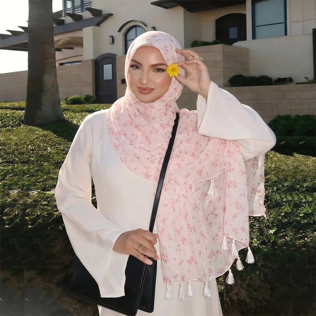 Fashion Women Tassel Hijab Soft Scarf Modest Muslim Headscarf Luxury Floral Shawl Beach Wrap Islamic Head Cover for Daily Travel view 3