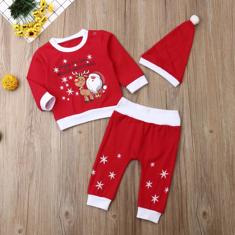 RUEWEY 0 to 18 Months Christmas Baby Girl Boy Pant Sets Santa Claus Deer Tops +Print Pants + Hat Baby Clothing