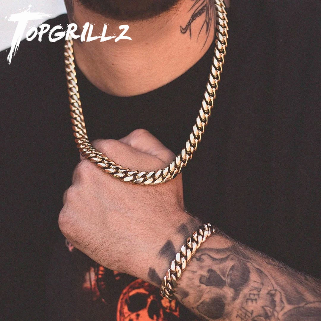 TOPGRILLZ stal nierdzewna złoty kolor kubański łańcuch kran przycisk Hip Hop biżuteria na prezent 6MM/10MM/12MM/14MM/16MM