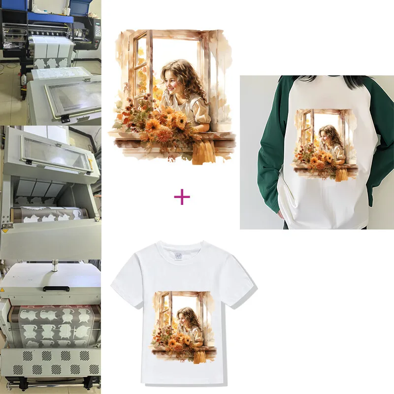 Iron on Transfers Patches Autumn Window Outing Scenery cat girl pumpkin Heat Transfer Stickers for Clothes Heat Transfers Patche