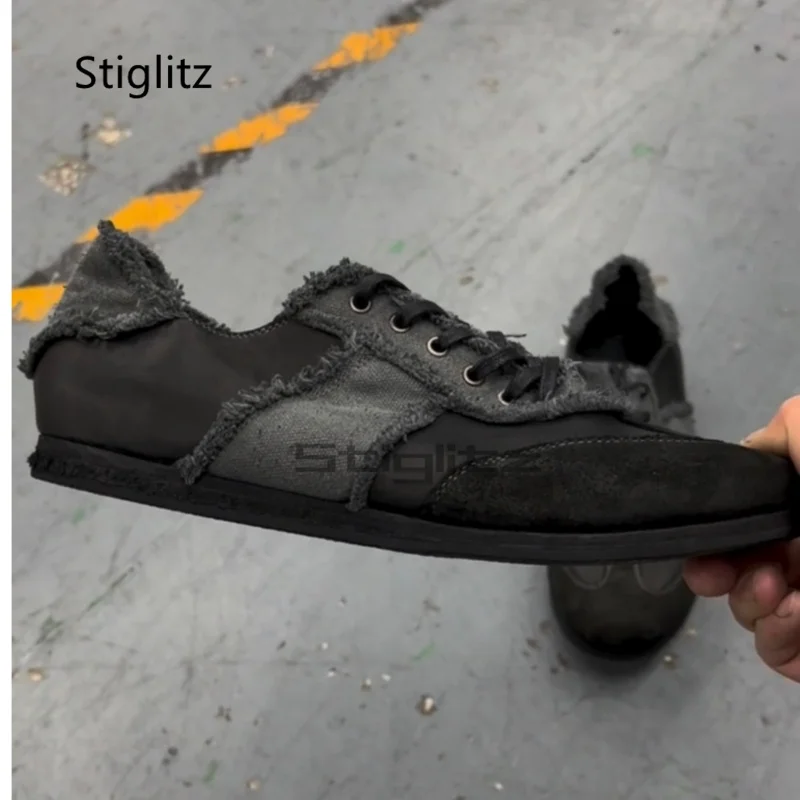 

Retro Casual Training Shoes for Men Women Genuine Leather Patchwork Round Toe Lace Up Couple Shoes Comfort All Match Board Shoes