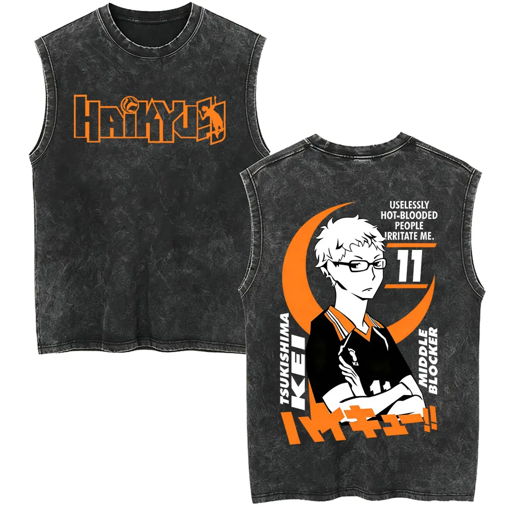 Anime Haikyuu Kuroo Tetsurou Washed Vintage Tank Tops Men Women Fashion Casual Sleeveless Vest Unisex Manga 100% Cotton T-shirt