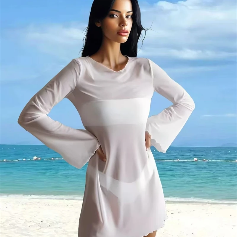 トレンディなビーチウェアドレスシックなシアーメッシュ水着カバーアップベルスリーブビーチドレス夏休みの衣装女性のセクシーなビキニ