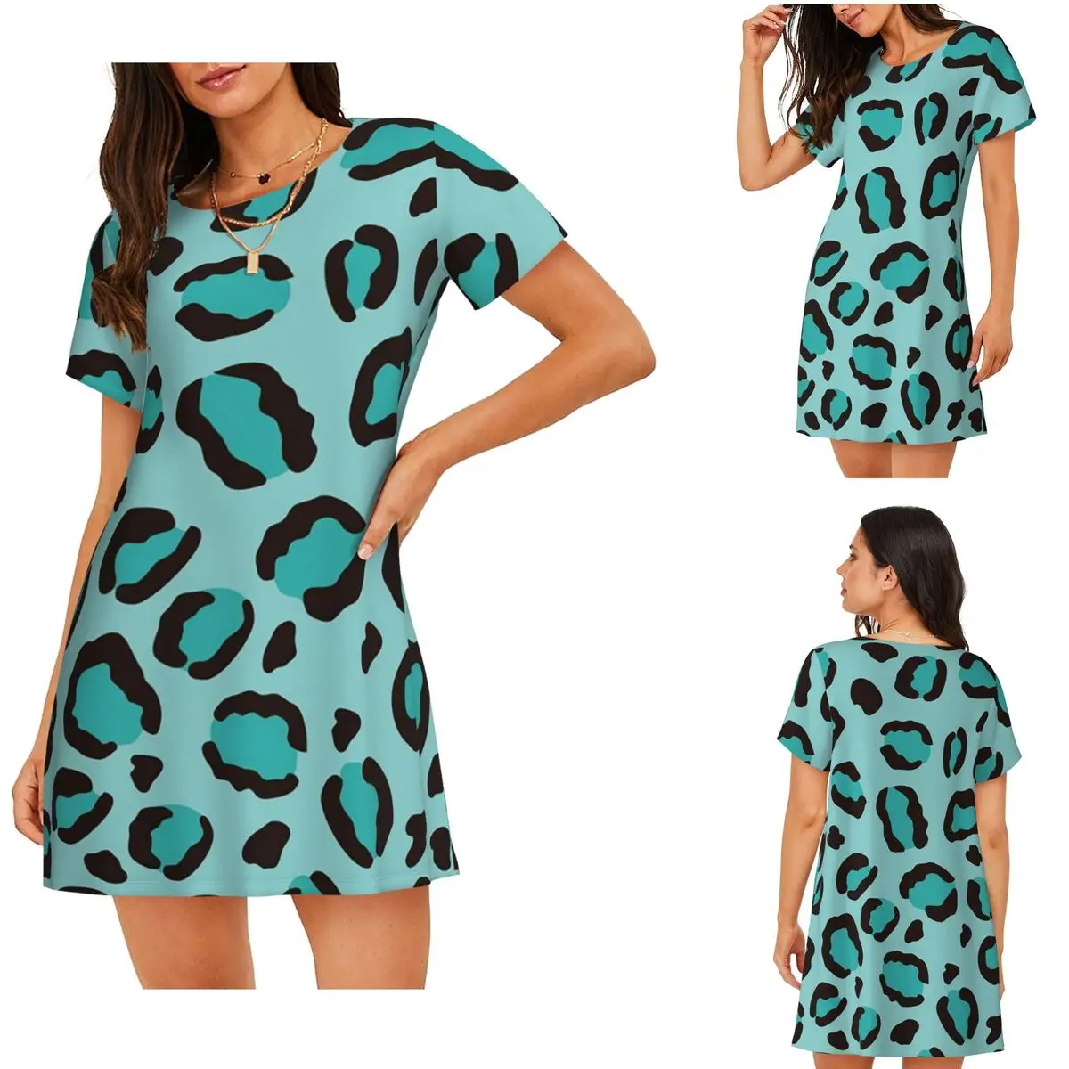 Cool Turquoise Blue Leopard Print Cheetah Short Sleeves Nightdress For Sleeping Women Short Sleeve Nightgowns Loose Pajama Dress