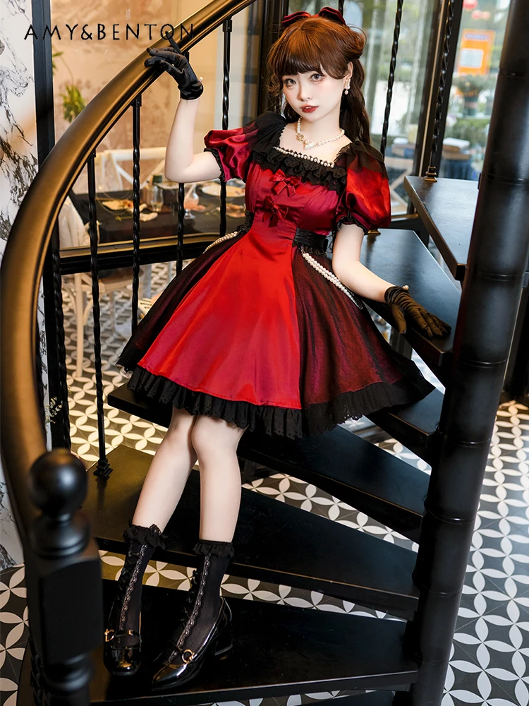 Estilo de fada op elegante cla original lolita vestido doce temperamento puff mangas pérola pingente high-end cetim magro vestidos inchados