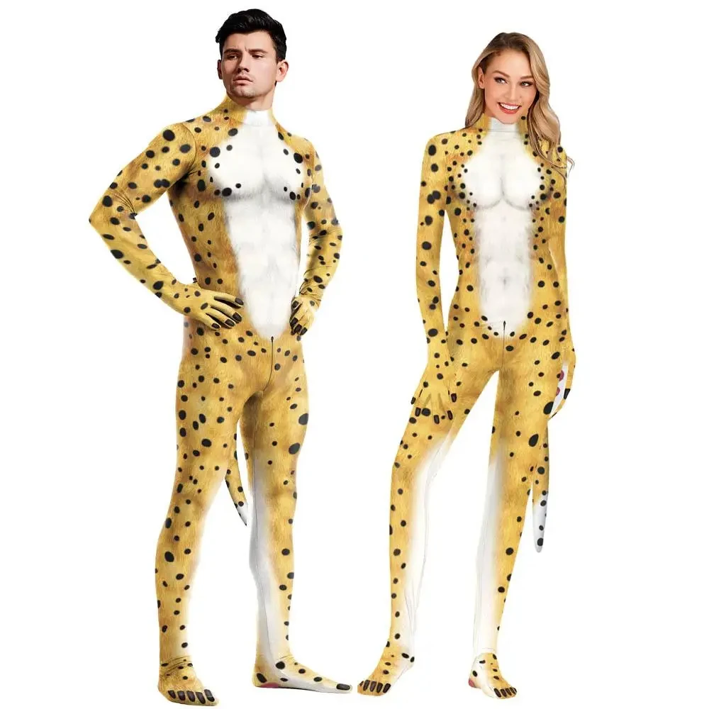 Halloween Yellow Leopard Pattern Animal Cosplay Costume Bodysuit with Tail Back Zipper Carnival Party Full Coverage Exposed Head