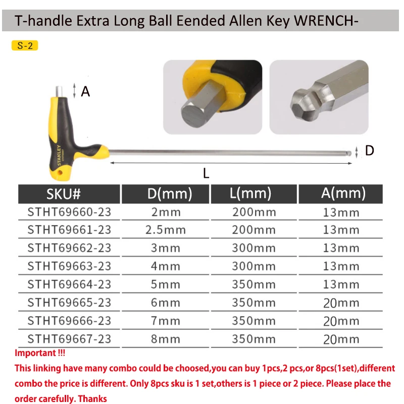 Stanley Long T handle Allen keys 8mm 7mm 6mm 5mm 4mm 3mm 2.5mm 2mm Hexagonal Key Ball Tips Professional Screwdriver T-shaped