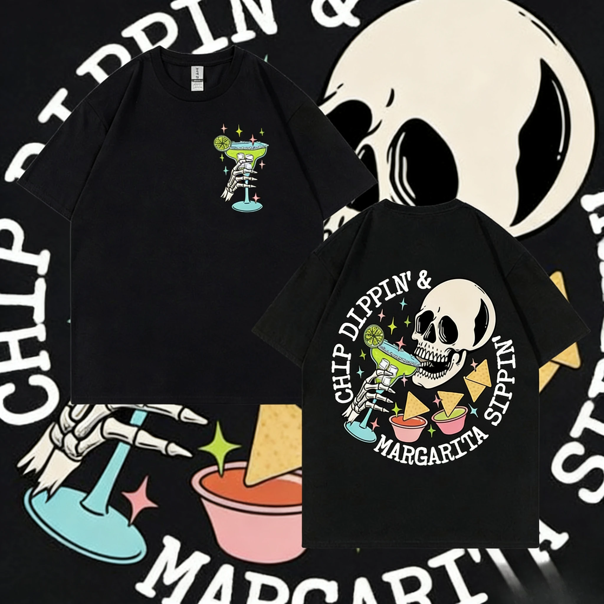 

Funny Chippin Dippin Margarita Sippin Emoji T-shirt for Men and Women 2025-26 Summer Pure Cotton 100% Printed Loose T-shirt