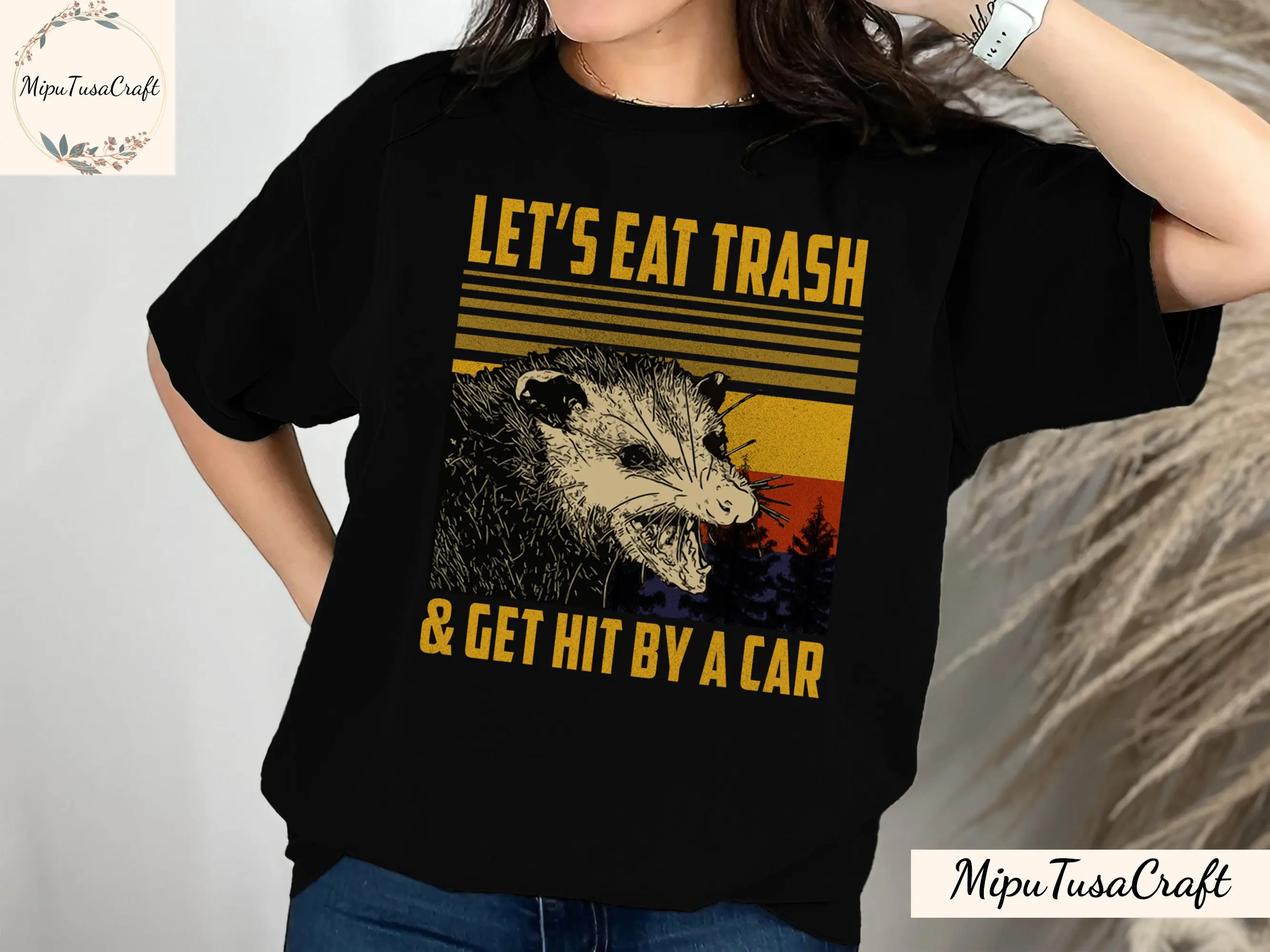 Let'S Eat Trash And Get Hit By A Car Vintage Opossum T Shirt Raccoon Funny Animal Lover Sweat