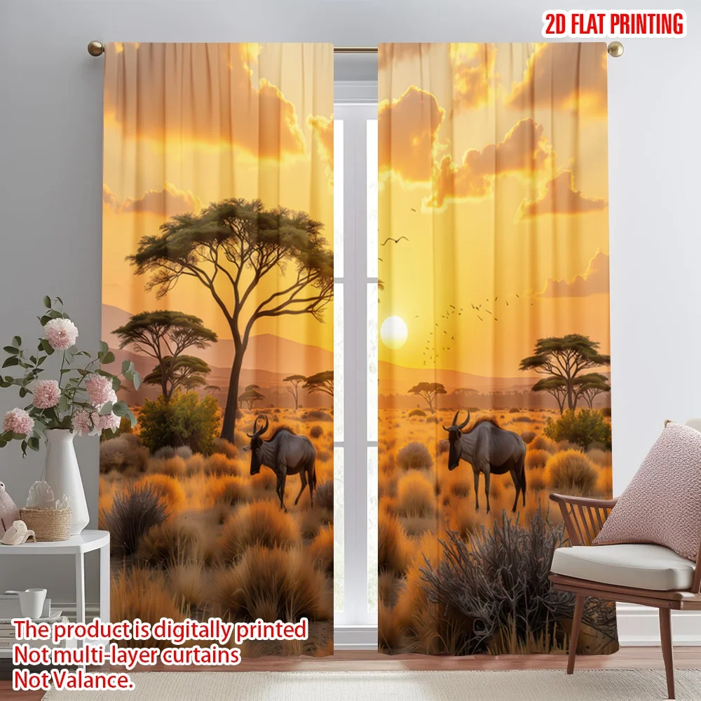 

2D flat printing 2pcs Window Curtains African Savannah Sunset Digital Printed Polyester Drapes Party Decorations for Holiday