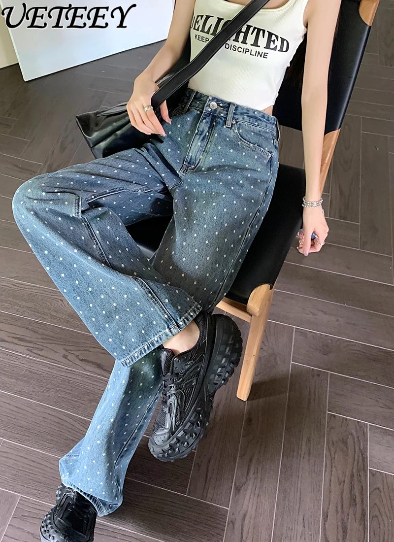 

Rhombus Vintage Print Jeans Women's 2024 Spring Summer New High Waist Trousers Loose Slimming Straight Denim Wide Leg Mop Pants