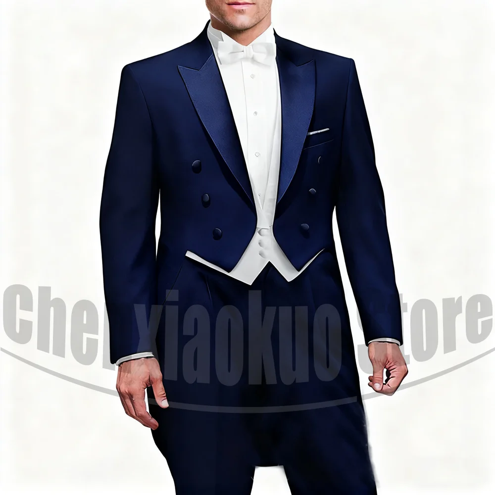 

Men's 3 Piece Suit with Satin Peak Lapel Double Breasted Wear Wedding Party Prom Business Elegant Slim Fit Tailored Tailcoat