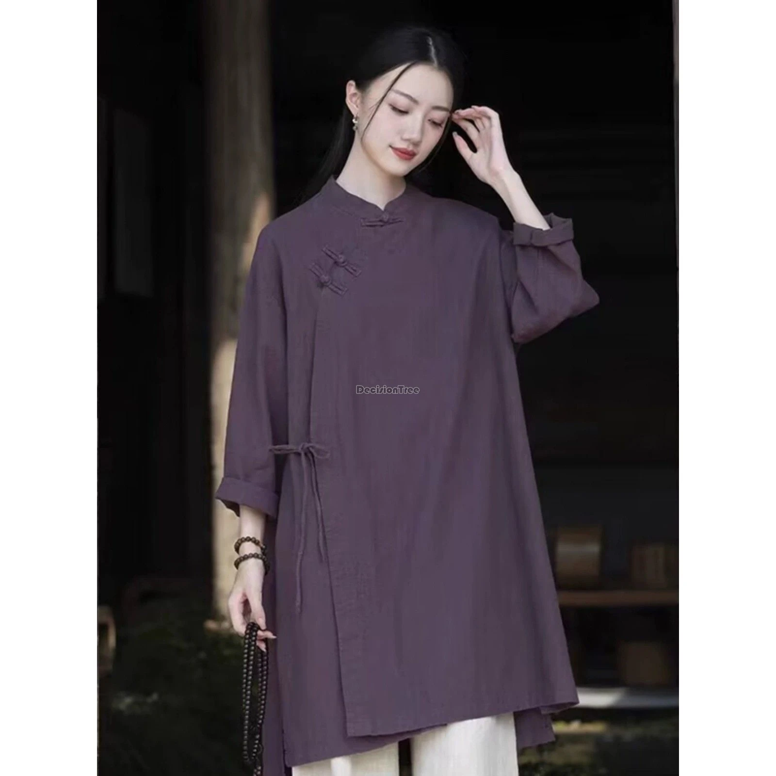 

Весна 2029, хлопково-льняная женская свободная блузка средней длины в китайском стиле, новая блузка Cheongsam с длинными рукавами и воротником-стойкой, костюм дзен Тан, топ