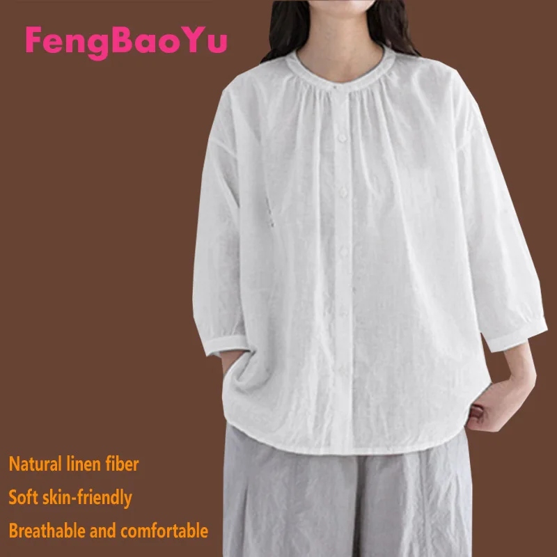 

Fengbaoyu Flax Lady Seven-cent Sleeve Round-collar Shirt White Plus Size 5XL Blouse Breathable Tops for Women with Free Shipping