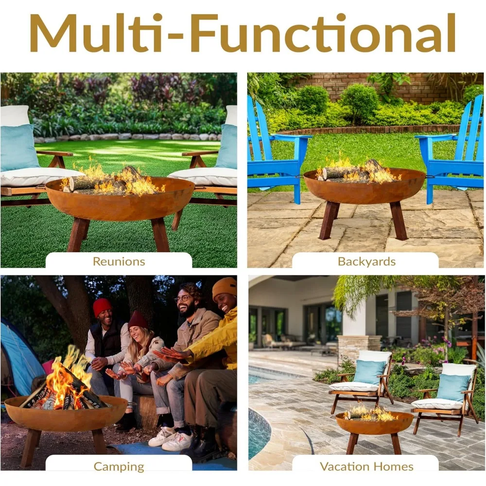 34-Inch Outdoor Cast Iron Fire Pit Bowl with Handles - Heavy-Duty Wood-Burning Fire Pit for Patio with Oxidized Finish