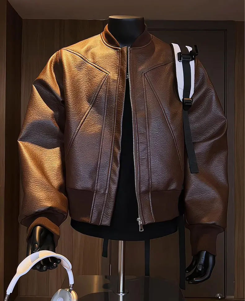 2026 Autumn Hot Sale Men's Short American Style Retro Cracked Leather Motorcycle Jacket Collar Pu Leather Coat