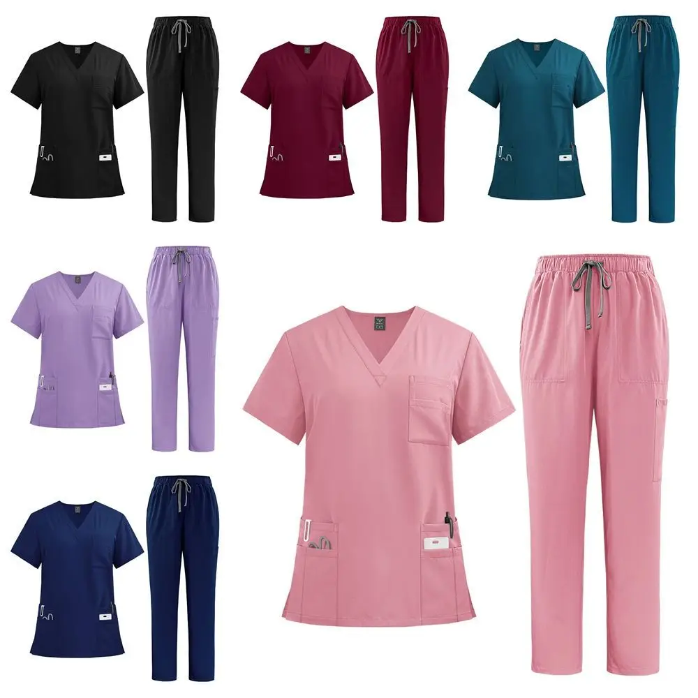 Uniforme clinique rose doux avec poches, haut et pantalon de gommage, uniforme d'infirmière de médecin d'hôpital, vêtements de travail, soins de santé