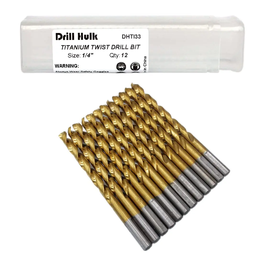 

Pack of 12 Titanium Nitride Coated Drill Bits, 1/4-Inch M2 High Speed Steel for Metal, Plastic, Wood