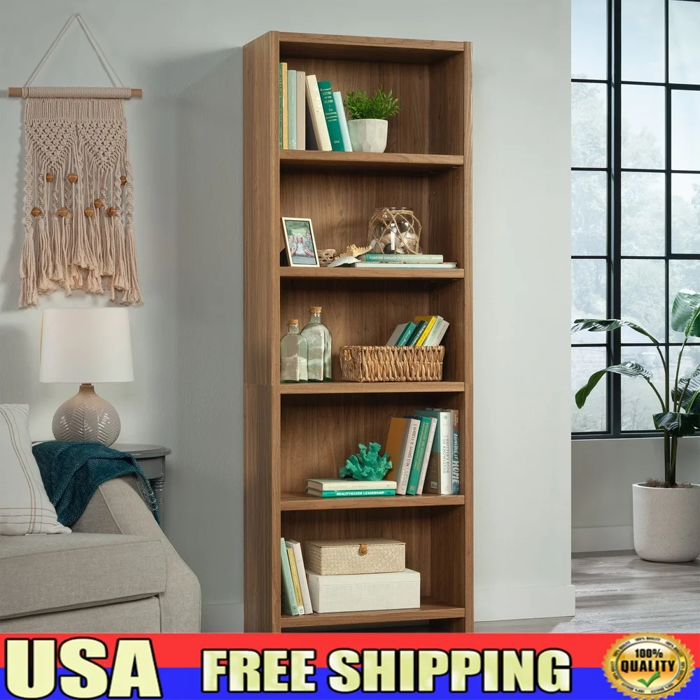 

Tall 5 Shelf Bookcase Adjustable Shelves Walnut Finish Engineered Wood Storage Display Furniture Living Room Entryway Home Decor