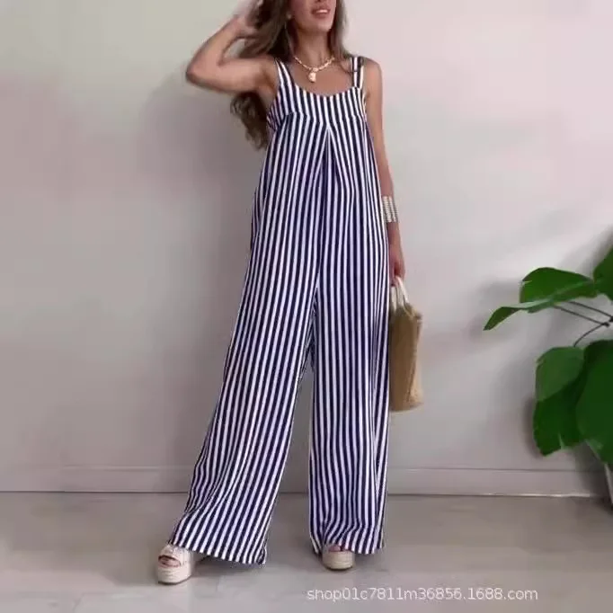 Women's Casual Stripe Jumpsuit Summer Spaghetti Strap Sleeveless Loose Wide Legs Jumpsuits New Femlae Bodysuits Rompers 