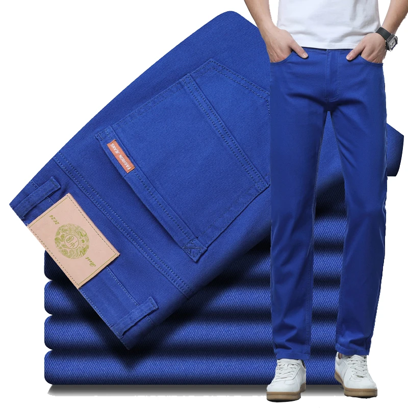 Herren Frühling Sommer Komfortable Baumwoll-Jeans Klassische Einfarbige Schlanke Gerade Denim-Hose Dehnbare Trendige Alltags-Streetwear-Hose