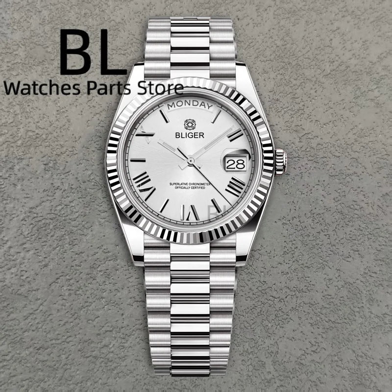 นาฬิกาข้อมือผู้ชาย BLIGER รุ่น BD36D40 สลักโลโก้ได้ นาฬิกาอัตโนมัติสุดหรู ระบบ Miyota8285 แสดงวันและสัปดาห์ หน้าปัดสีน้ำเงินน้ำแข็ง กระจกแซฟไฟร์ กันน้ำ 10 บาร์