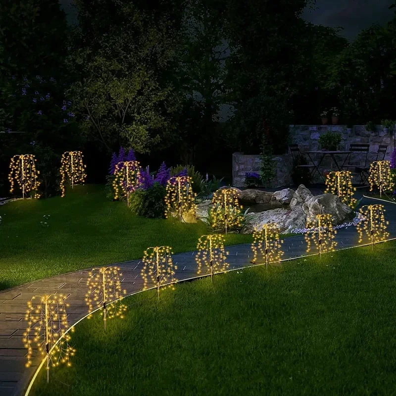 Luzes solares ao ar livre para decoração do jardim, luzes de fogo de artifício para varanda externa, fio de cobre, luzes de fadas