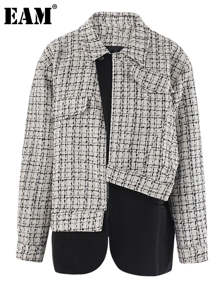 EAM-Jaqueta feminina de Tweed preta emendada, tamanho grande, lapela nova, manga comprida, casaco feminino, maré da moda, outono, inverno, 2024, CPG2099