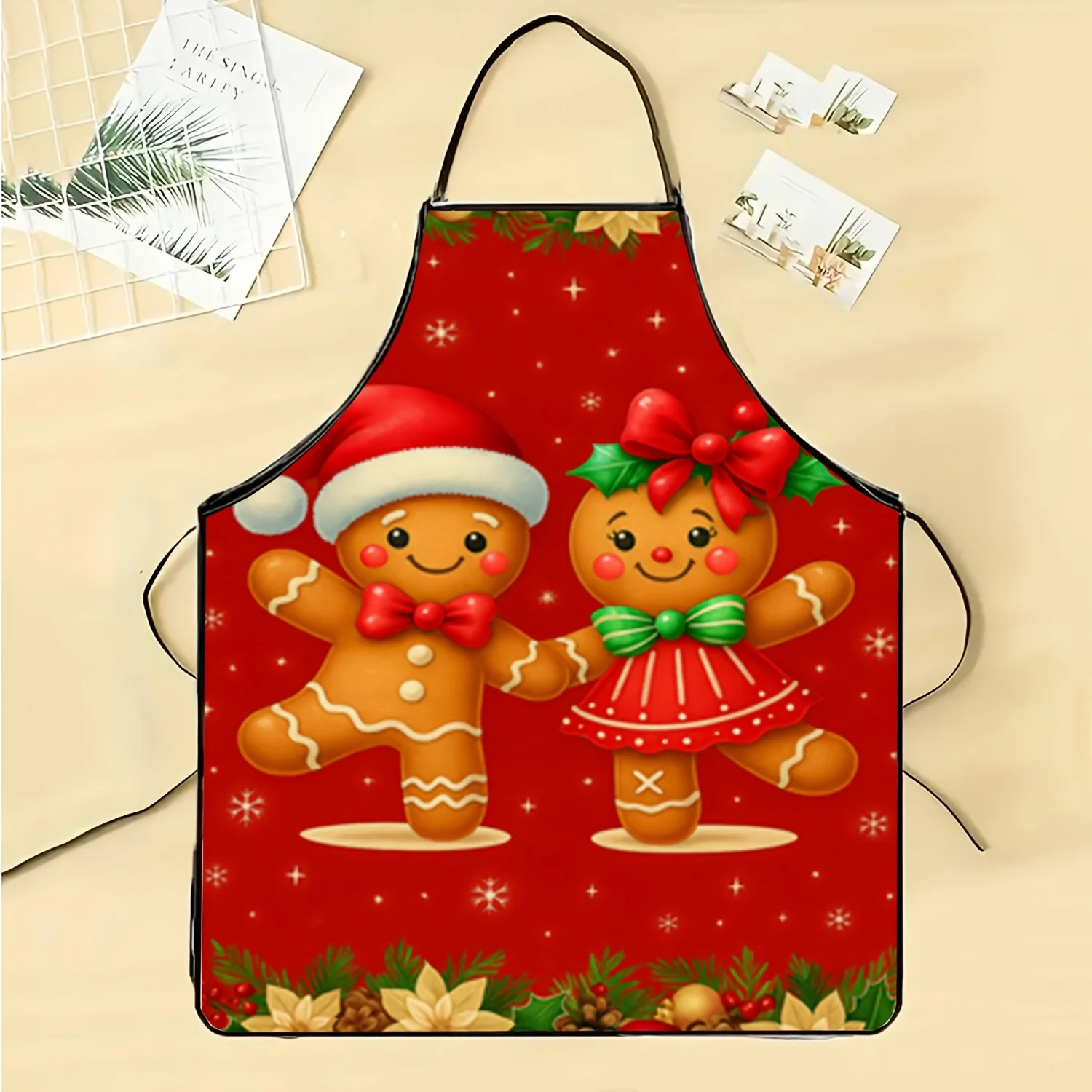 1pc Christmas Gingerbread Couple Apron | Red With Snowflake Design, Polyester Kitchen Apron, Perfect For Baking And Cooking, Ide