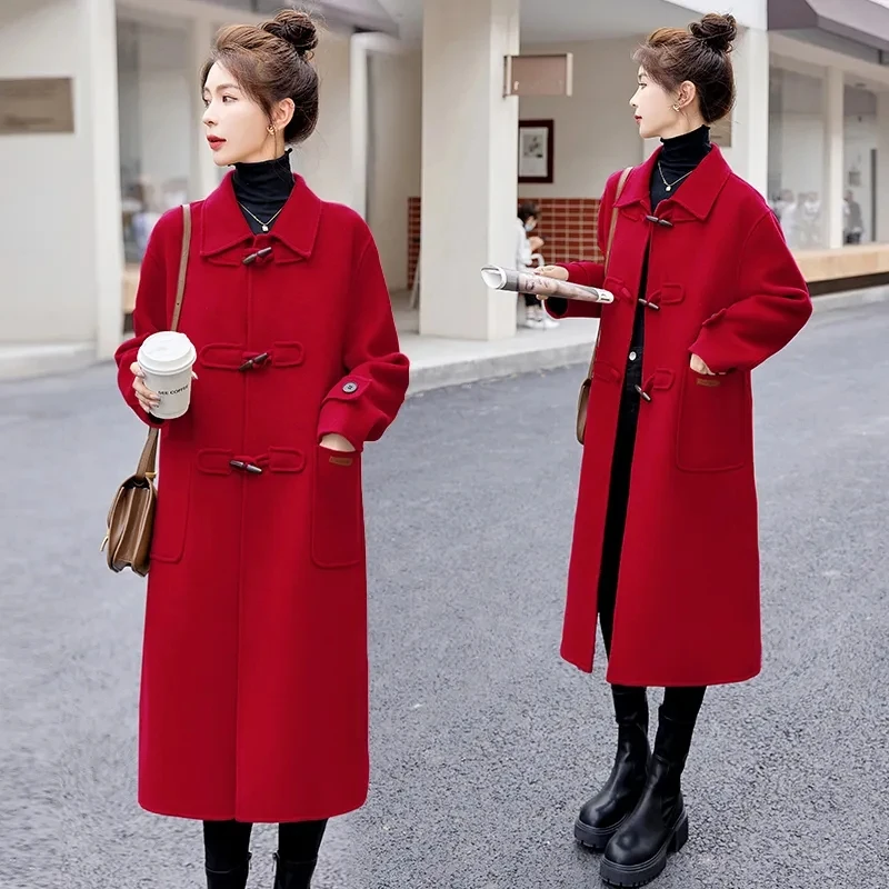 

Double Faced Cashmere Coat For Women Mid length Woolen Windbreaker Female Korean Loose Cowhorn Button Wool Coats Overcoat