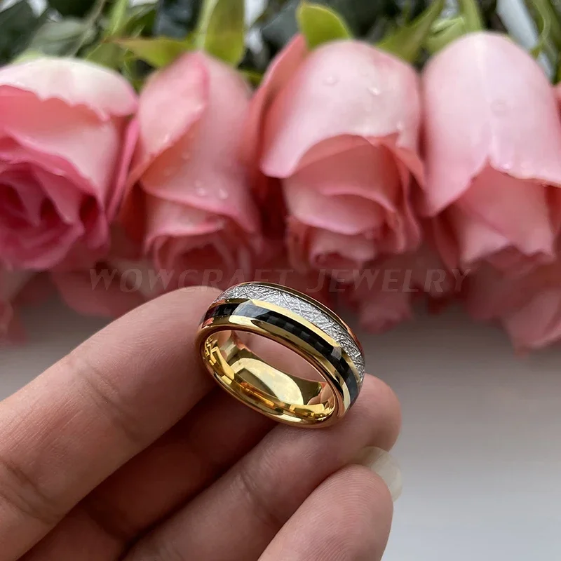 8mm Wedding Bands Tungsten Carbide Rings Gold for Men Women Black Carbon Fiber Meteorite Inlay Domed Polished Shiny Comfort Fit