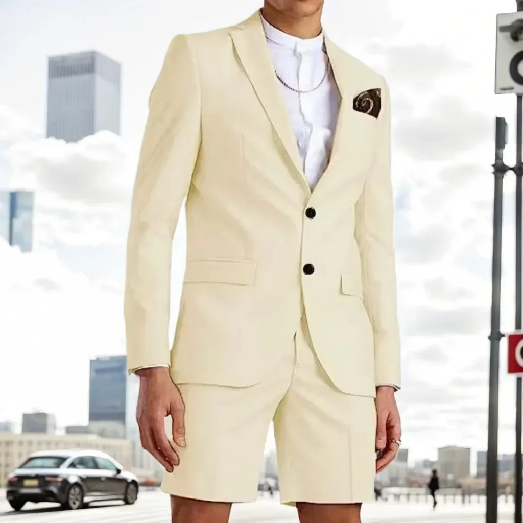

Classic Slim Fit Men's 2-Piece Suit with Notched Lapel Short Pant Set for Summer Beach Wedding Business Casual Tuxedo