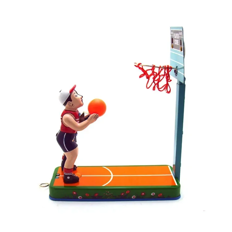 [Fun] Adult Collection Retro Wind up toy Metal Tin Basketball player shooting basketball stand Clockwork toy figures model gift